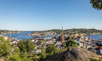 Arendal city, seen from a height, on a sunny day in june 2018. Arendal is a small town in the south part of Norway