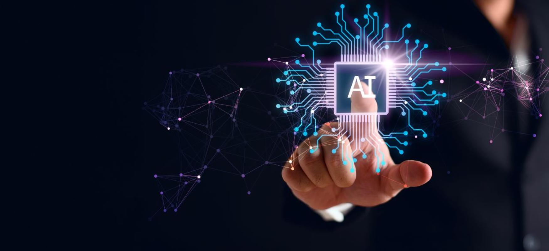 en finger trykker på en knap, hvor der står AI på