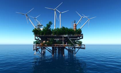 Illustrative photorealistic picture of an overgrown oiil platform with wind turbins