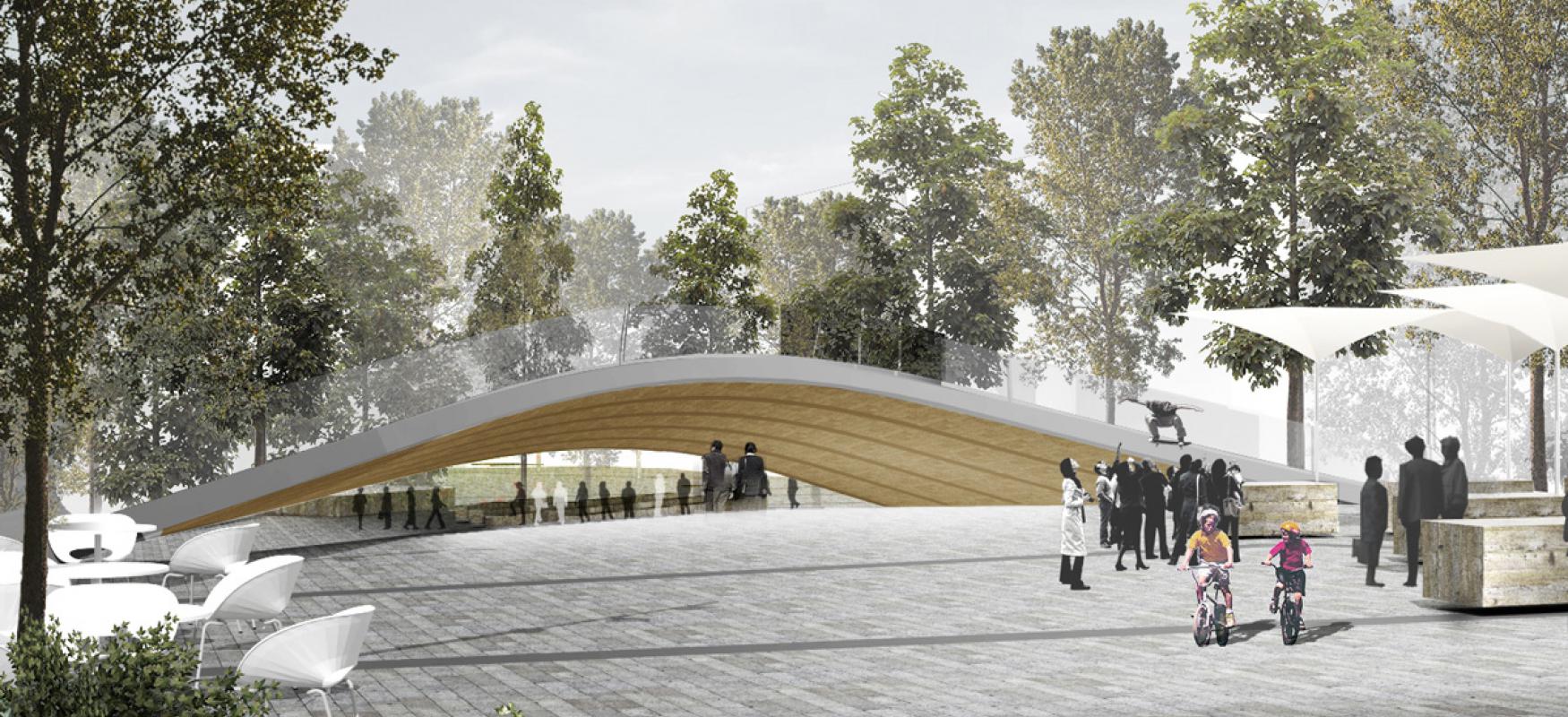Render of the Flying Carpet project showing Trygve Lies plass in Oslo with a futuristic bridge and people.