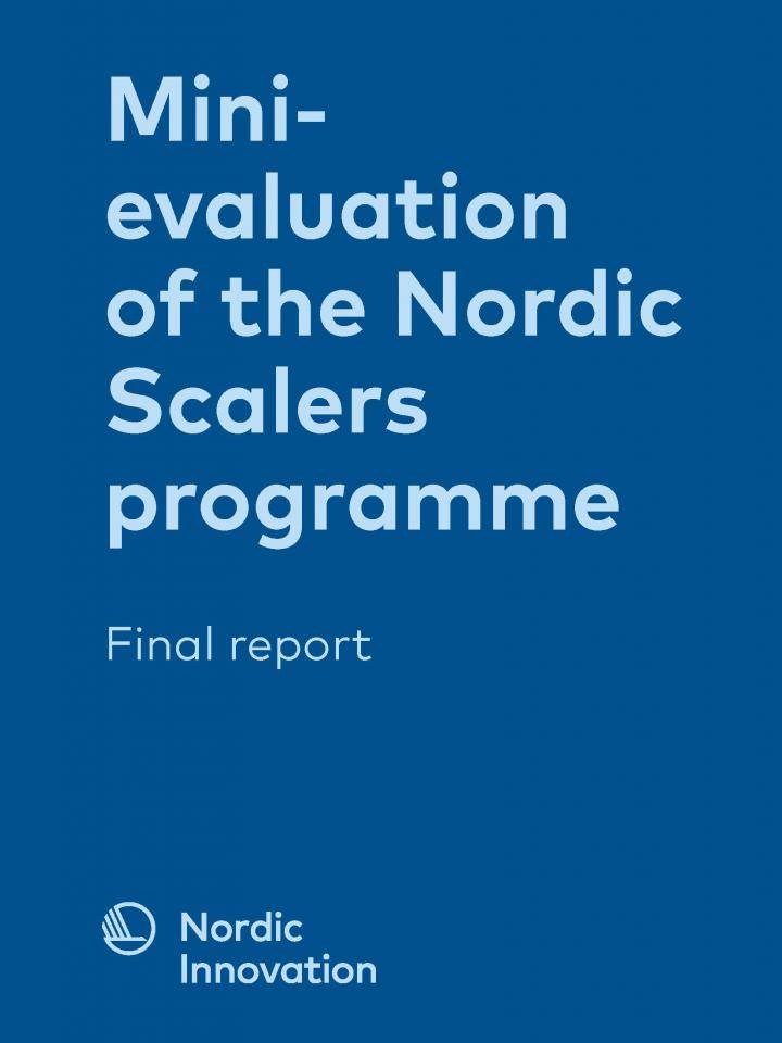 Frontpage to the nordic Scalers program evaluation in 2019. Dark blue with light blue text.
