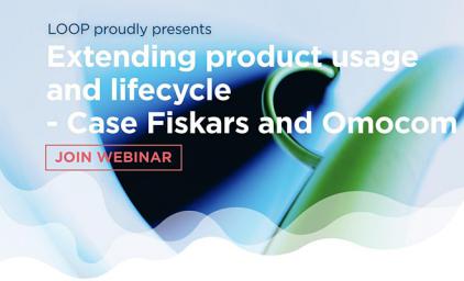 Text: Extending product usage and lifecycæe - Case Fiskars and Omocon. Join Webinar. LOOP logo in the bottom right corner.