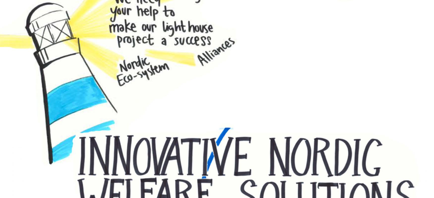 Drawing showing the text "Innovative Nordic Welfare Solutions", a lighthouse and Nordic Innovation's old logo.