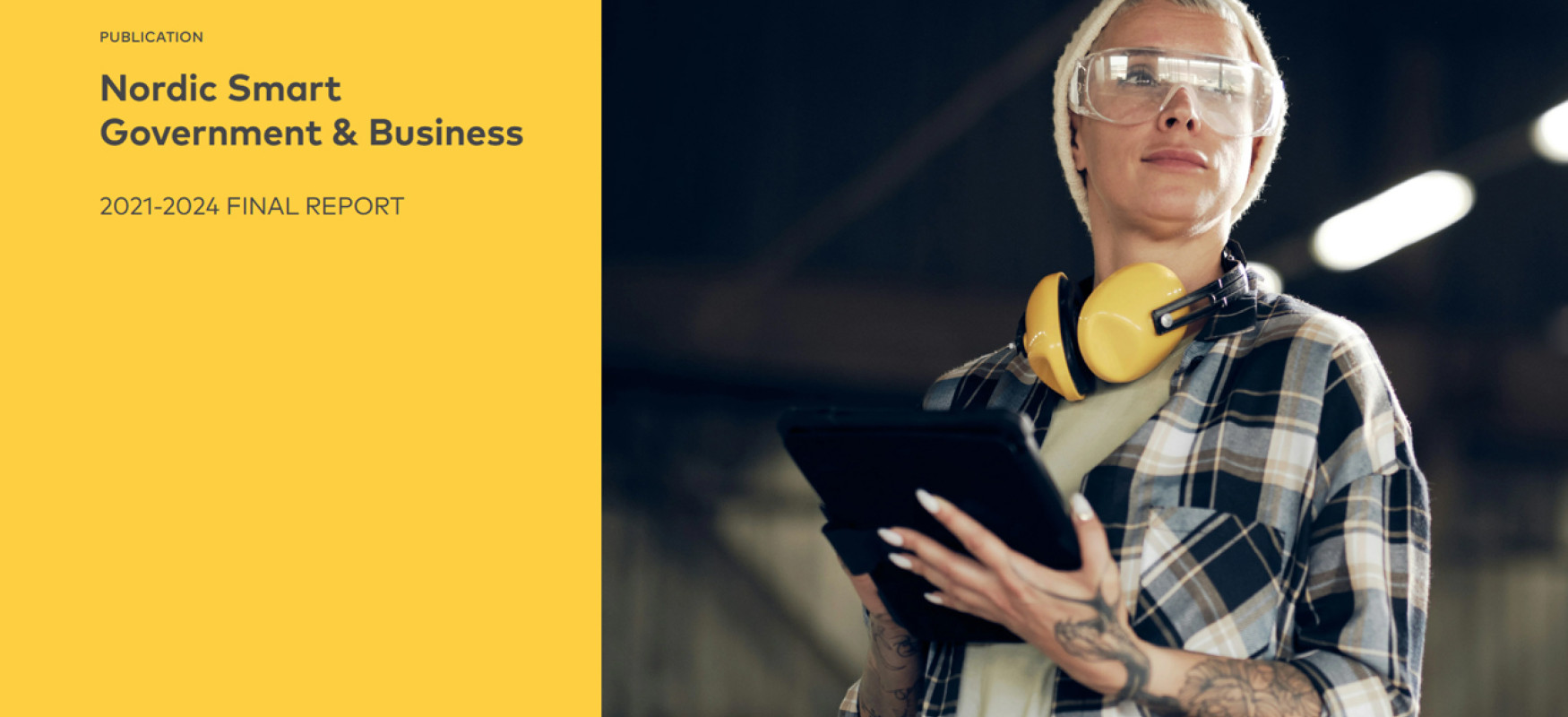 Image of the front page of the report showing a woman in work clothes holding an iPad