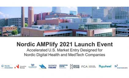 Image of a city with the text "Nordic AMPlify 2021 Launch Event" underneath.