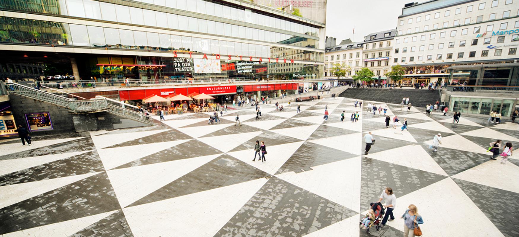 Wide angle photo of Sergels Torg in Stockholm.