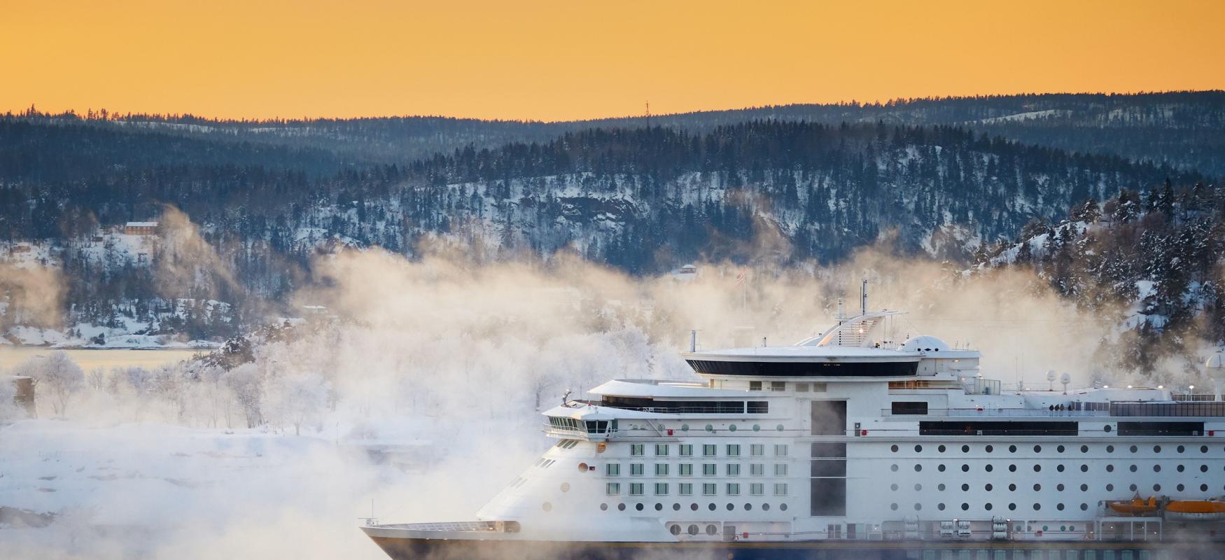 Cruise ship sailing near land in Norway